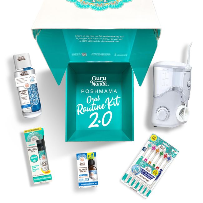 GuruNanda PoshMama 2.0 Complete Oral Care Kit with CocoMint Pulling Oil, Butter on Gums Toothbrush, Table Top Water Flosser, Concentrated Mouthwash & Dual Barrel Mouthwash