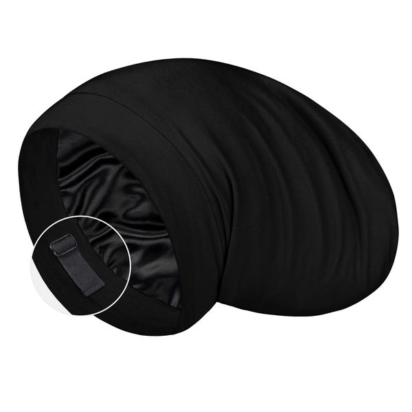 LULUSILK 100% Mulberry Silk Lined Sleep Cap Bonnet for Sleeping, No More Frizzy Tangled Hair, Stay On All Night Adjustable Wrap, Black, Pack of 1