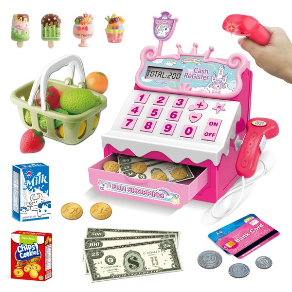 XINGYING Toy Cash Register for Kids, Pretend Play Cash Register Toy with Toy Money, Credit Card, Play Food, Kids Cash Register With Scanner, Real Calculator, Sound for Girls Boys Age 3, 4, 5, 6, 7, 8+