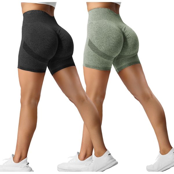 ZAAYO 2er-Pack Sport Short Damen Butt Scrunch Kurze Sporthose Laufhose Hohe Taille Kurze Hosen Butt Lift Booty Nahtlos Fitness Tie Dye Gym Shorts Black-Khaki Small