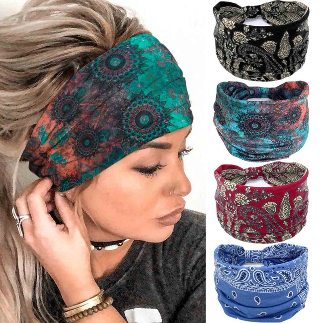 Acenail Boho Headbands Women Wide Head Bands Knotted Turban Headband Nonslip Elastic Hairbands Floral Hairband Workout Hair Scarfs Yoga Sweatbands Bohemian Head Wraps for Women Girls 4Pcs(#5 Gorgeous)