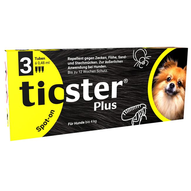 TICSTER Plus Spot-on für Hunde bis 4 kg, Floh und Zeckenmittel (Lösung zum Auftropfen, auch gegen Sand- und Stechmücken, Zeckenschutz bis zu 4 Wochen, Insektenschutz für Hunde, Inhalt: 3x 0,48ml)