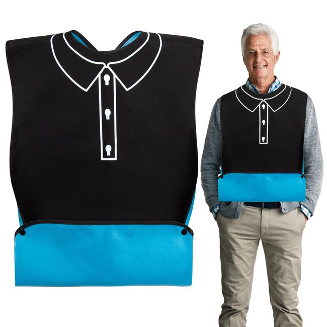 Heveer Bib for Adults Waterproof Bib with Crumb Compartment Press Studs for Seniors Women Men Black, Polo shirt pattern, One size