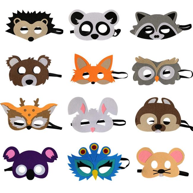 12pc Forest-Friends Animals Felt Face Costume Woodland Creatures Animal Cosplay Camp Themed Party Favors Supplies for Kids