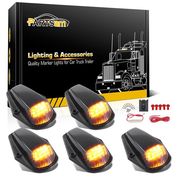 Partsam 5Pcs Smoked Amber Cab Marker Lights 12LED Compatible with Ford F150 F250 F350 1973-1997 F Series Super Duty Pickup Trucks Cab Top Roof Running LED Lights Assembly w/Wiring Harness