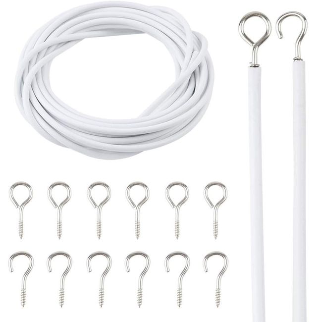 INCREWAY Curtain Wire with Hooks, 5m White Plastic Coated Window Curtain Wire Picture Hanging Wire with 6 Eye Hooks and 6 Hooks