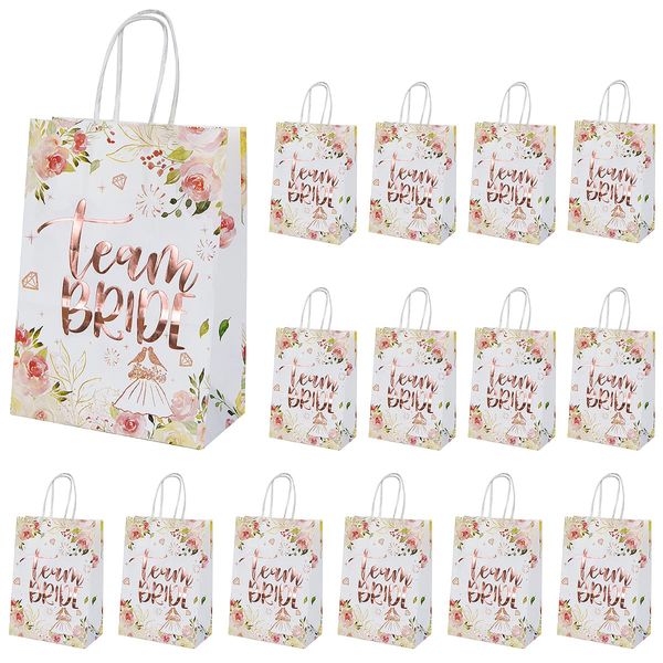 15 Pcs Hen Party Bags Hen Party Gift Bags Rose Gold with Handles Team Bride Paper Bags Floral Team Bride Bags for Wedding Bridal Shower Bachelorette Party (15)