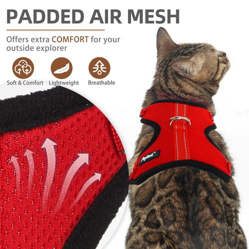PUPTECK Cat Harness and Leash Set Escape Proof, Reflective Adjustable Soft Mesh Kitten Vest Harness for Walking Travel, Red, M