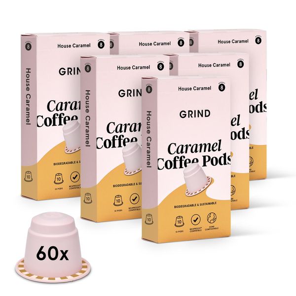 Grind Caramel Blend Pack - Home Compostable Coffee Pods from London – Nespresso® Original Machine Compatible Capsules - 60 count (6 boxes of 10 Coffee Pods)