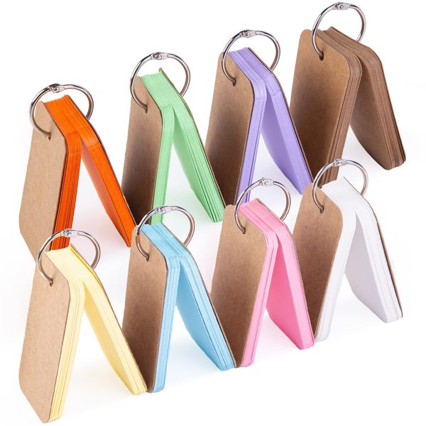 Koogel 8 Stk. Karteikarten mit Ring, 400 Blätter Pocket Lernkarte Mini mehrfarbige Kraftpapier Karten für Vokabel Lernen Unterwegs