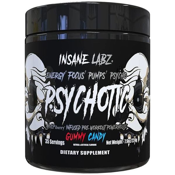 Insane Labz Psychotic Black Edition Moderate Stimulant Pre-Workout Powder Energy Focus Pump with Creatine Beta Alanine Taurine, Gummy Candy from AMPiberry