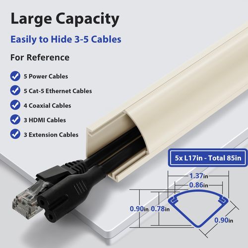 85in Corner Cord Hider, Large Capacity Wire Covers for Cords, Cord Concealer Paintable Corner Cord Cover, Quarter Round Cable Raceway for Wall, Floor, Baseboard, Ceiling, 5 x L 17in, Beige