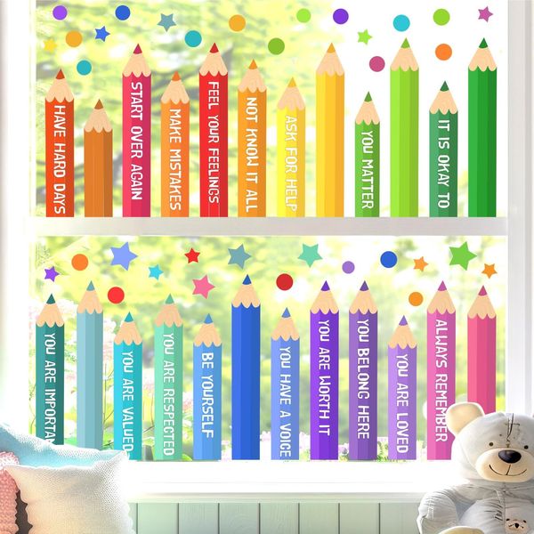 Color Window Stickers Decor Nursery Clings Colorful Double-Sided Inspirational Decal Peel and Stick Educational Pencils Decals for Daycare Classroom Playroom School