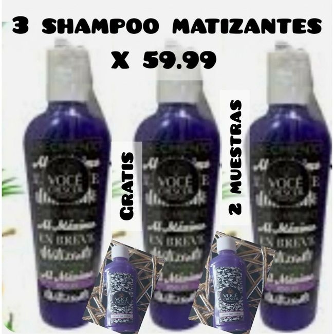 3 Voce Crescer Shampoo Matizante. 3 botellas de 250 ml. 2 free shampoo samples.