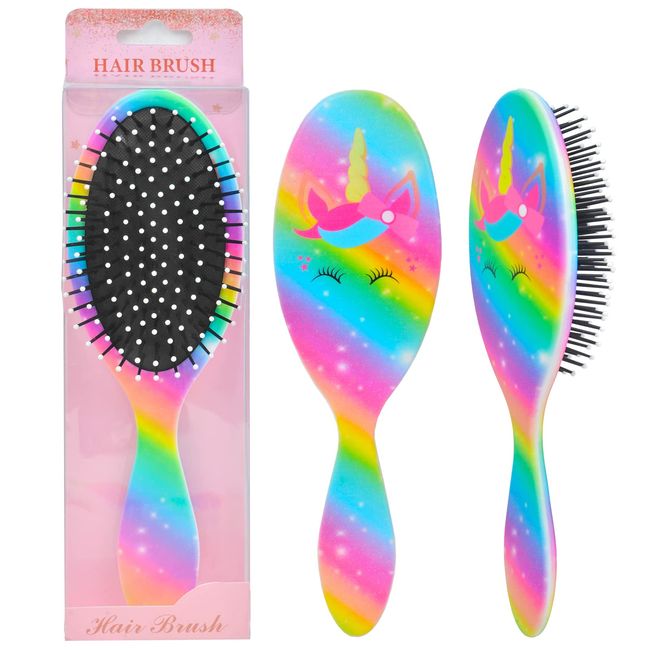 Kids Hair Brush Girls, Toddler Wet Dry Hair Brush, Detangling Brush for Curly Thick Hair, Small Hairbrush Pink Unicorn Detangler Brush for Kids, Pain-Free Comb, Hair Brush for Girls Women Rainbow