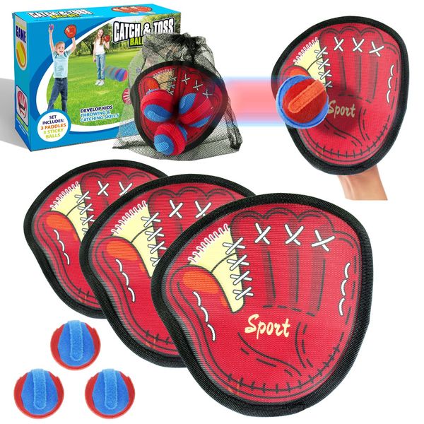 Toss and Catch Ball Game, Kids Baseball Training Glove Sports Toys, Outdoor Pool Beach Waterproof Toys, Yard Backyard Games with 3 Paddles 3 Sticky Balls Storage Bag, Stocking Stuffers for Boys Girls