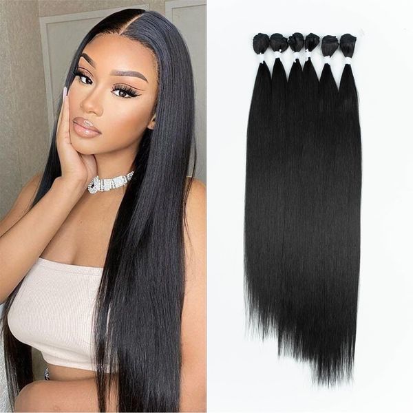 DÉBUT Long Straight Hair 6 Bundles 26 28 30 Inches High Temperature Fiber 300g for Full Head Synthetic Hair Weave 1B Color