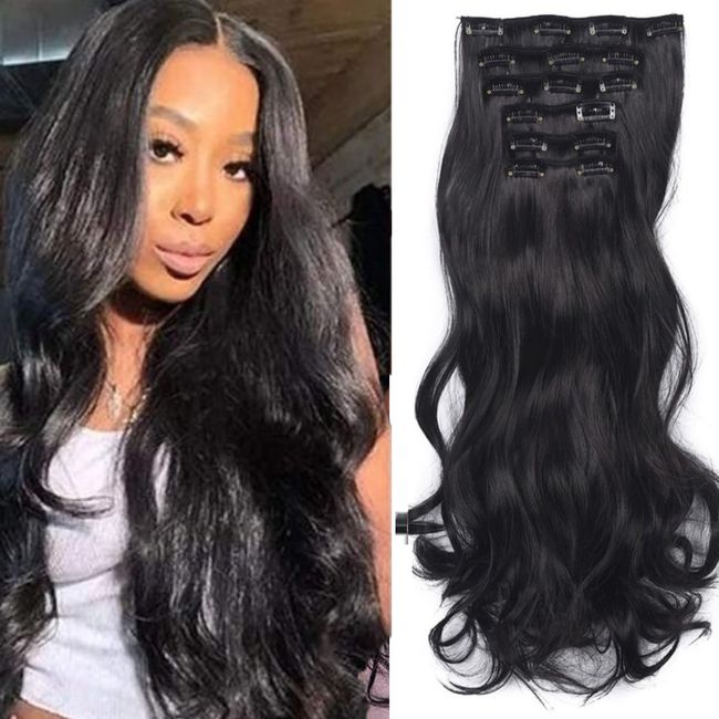 KARLOR Clip in Extensions, 6 Pcs Gewellt Haarverlängerungen 16 Clips 50cm, Haarteile Kunsthaar wie Echthaar Günstig Haarteile Perückenteile Haarextension Lang Synthetisch Damen(schwarz-gewellt)