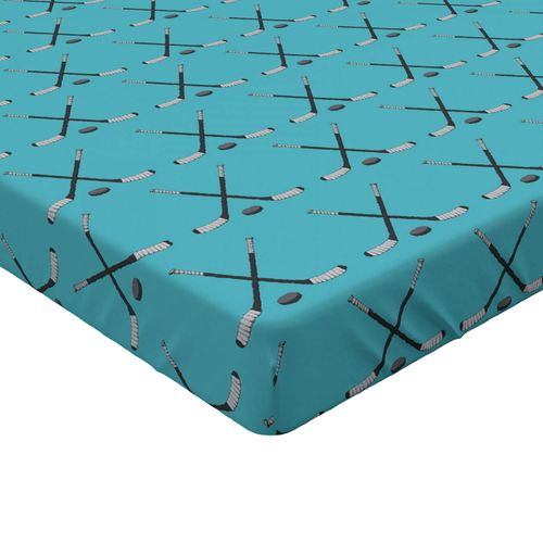 Lunarable Ice Hockey Fitted Sheet, Ice Sports Equipment Pattern with Stick and Puck, Bed Cover with All-Round Elastic Deep Pocket for Comfort, Twin XL Size, Deep Sky Blue Dark Grey