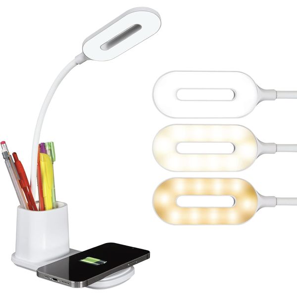 Organizer LED Desk Lamp with Wireless Charging - 3 Color Temperatures, Dimmable 