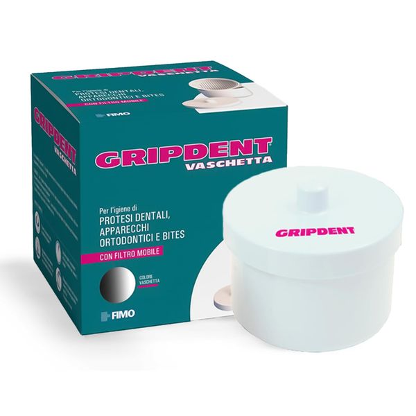 Gripdent Denture Container with Mobile Filter for Cleaning and Hygiene of Dentures, Orthodontic Devices and Bites - White