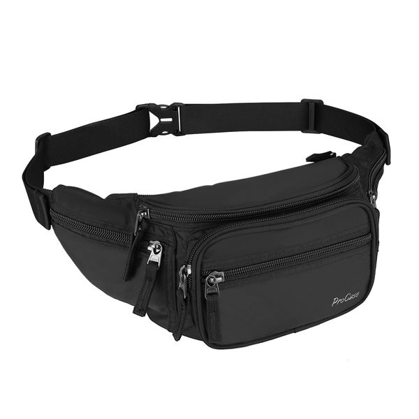 ProCase Bauchtasche Gürteltasche Wasserdicht Hüfttasche für Herren und Damen Klein Nylon Fanny Pack mit 6 Reißverschlusstaschen für Outdoor Reisen Sport Wandern Joggen Hundespaziergänge