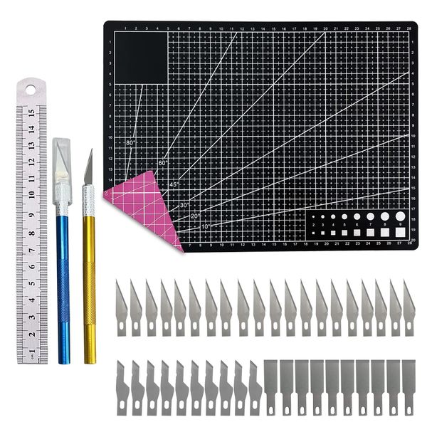 Rainmae Craft Cutting Stencil Knife Set and A4 Double Sided Cutting Mat Set, Art Craft Blade Cutting Board Exacto Knives Cutting Rulers Tools for Craft, Fabric,Quilting,Sewing,Scrapbooking Project