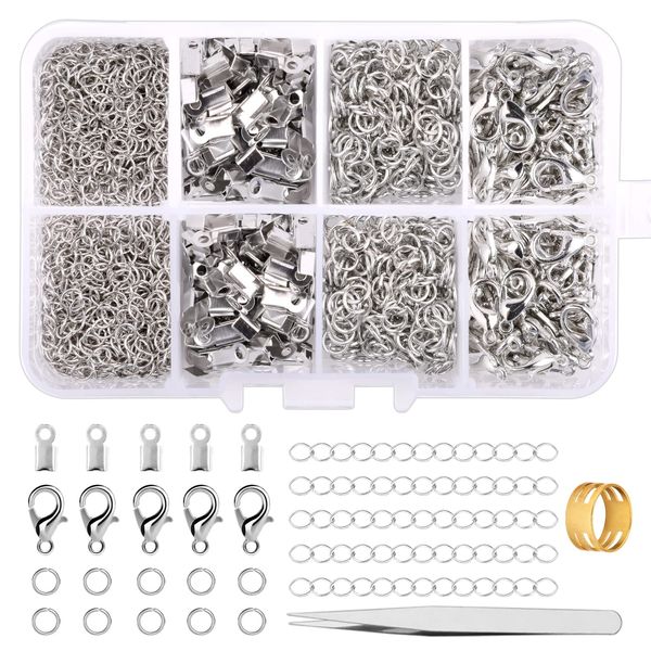 300 Pcs Jewellery Clasps Set, Lobster Clasps with Jump Rings, Crimp Ends, Chain Extender, Jump Ring Opener and Tweezer, Bracelet Clasps Necklace Connectors for Jewellery Making DIY Craft (Silver)