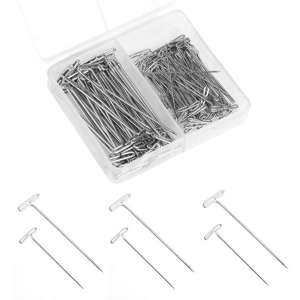 100pcs T Pins for Wig Heads, 1.5&2 inch Wig Straight Pins with a Plastic Box T Pins for Knitting Crafts Sewing Jewelry (Silver)