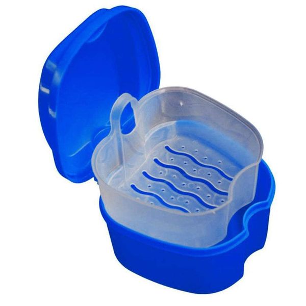 Denture Box with Strainer, Portable False Teeth Storage Container, Orthodontic Dental Retainer Box Denture Cleaning Kit for Travel, Retainer Cleaning(Dark Blue)