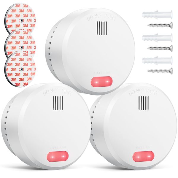 Smoke Alarm 10-Year Battery, DIN EN 14604 Test Victories Smoke Detector, Fire Alarm, Self-Adhesive, 85 dB Alarm - 3 Set