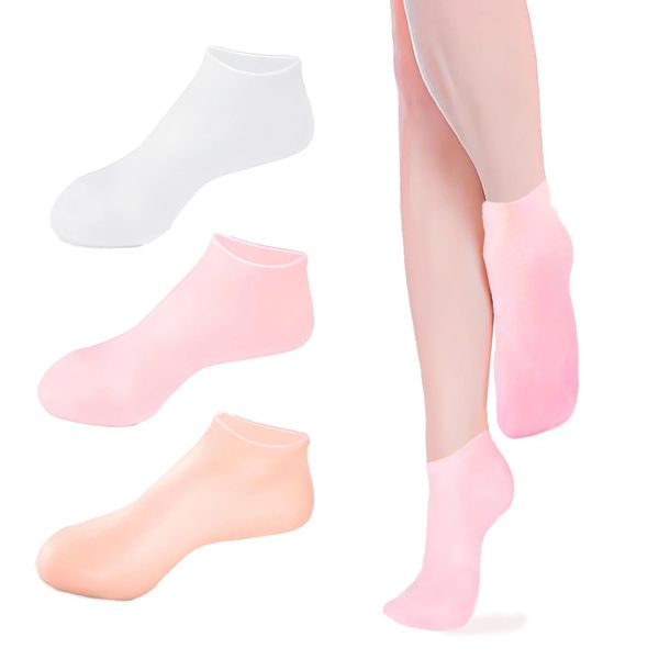 ZFYOUNG Moisturizing Silicone Socks for Dry, Chapped Feet - Repair, Soften and Restore Rough Skin - Aloe Vera Gel Infused Socks for Women and Men - Pink & White & Skin Tone, 3 Pairs