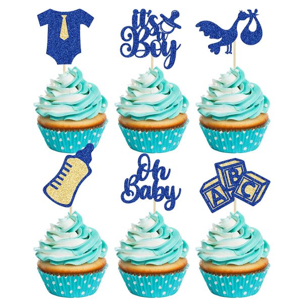 Gyufise 24Pcs Baby Shower Cupcake Toppers Glitter Tie Onesie Baby Bottle Oh Baby Cupcake Picks It's a Boy Cake Decorations for Baby Shower Gender Reveal Kids Boys Birthday Party Supplies Deep Blue