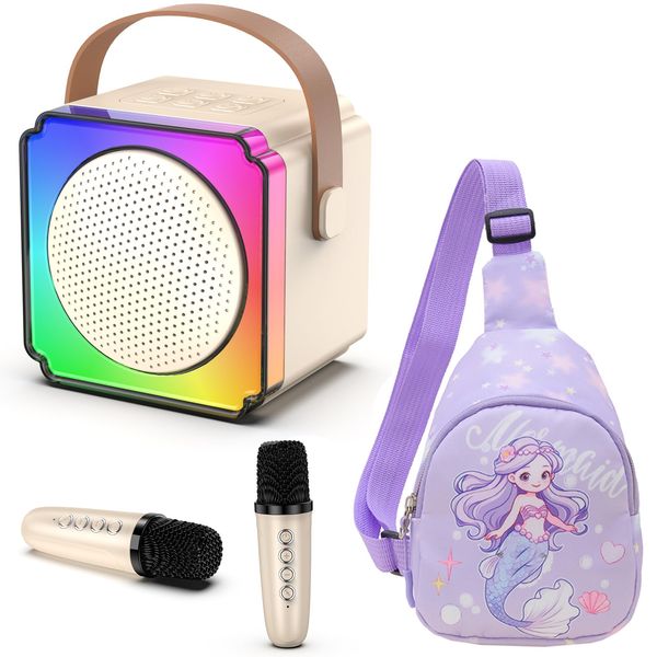 Mini Karaoke Machine for Kids Adults, Portable Bluetooth Speaker with 2 Wireless Microphones, 1 Mini Crossbody Bag, Gift for 3-12 Year Olds, Birthday, Family, Home Party (White)