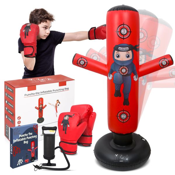 PUNCHO The Inflatable Punching Bag for Kids 8-12: Kid Punching Bag 5-10 with Boxing Gloves, Pump, Exclusive Ebook. 63” Karate Punching Bag. Durable Kids Boxing Bag Set for Boys & Girls, MMA, Taekwondo