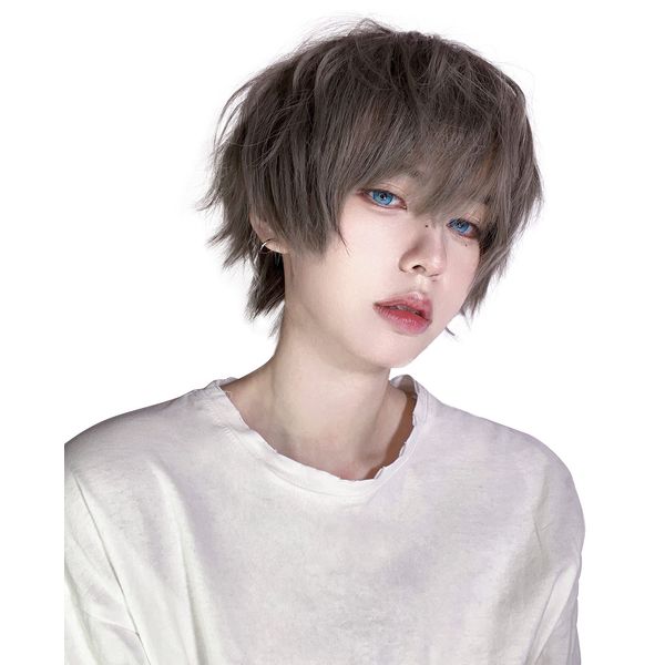 Wig, Men's, Short, Natural, Men's Clothing, Black, Full Wig, Harajuku, Popular, Cool, Fashion, Loose, Heat Resistant, Disguise, Unisex, Net/Comb Included (New Version), Cool Gray