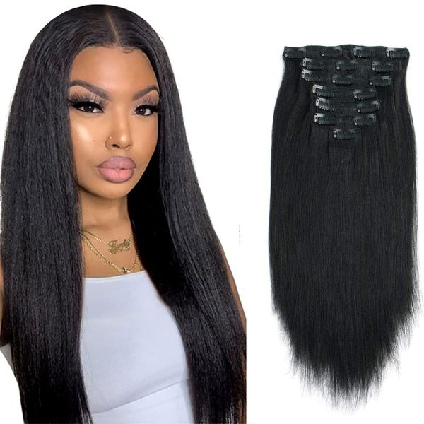 Yaki Straight Clip Ins Black Hair Extensions Clip in Extensions For Black Women Yaki Straight Curly Remy Real Hair Clip in Human Hair Extensions 7PCS/Set 16Inch 120Gram