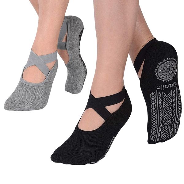 Roinaid Yoga Socken 2 Paar Pilates Socken, Yoga-Socken Für Damen, Yogasocken Anti Rutsch Socken Damen, Antirutsch Socken Damen Yoga Socken Rutschfest für Yoga, Barre, Pilates, Tanz(Schwarz, Grau)