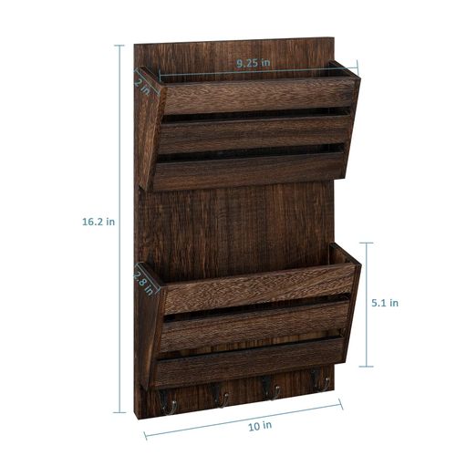 Mail Holder for Wall, Wooden Mail Sorter with 4 Key Hooks, 2-Slot Wall Mounted Mail Sorter Letter Bills Newspaper Magazine Organizer for Entryroom Hallway Office Garage, Rustic Brown