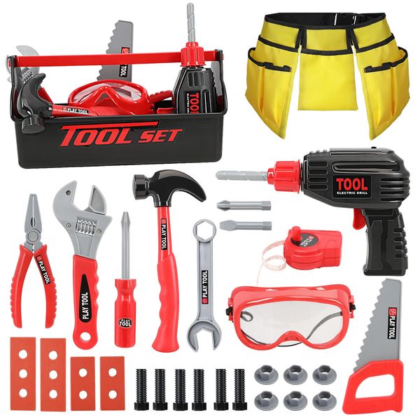 LOYO Kids Tool Set - Pretend Play Construction Toy with Tool Box Kids Tool Belt Electronic Toy Drill Construction Accessories Gift for Toddlers Boys Ages 3 , 4, 5, 6, 7 Years Old (red)