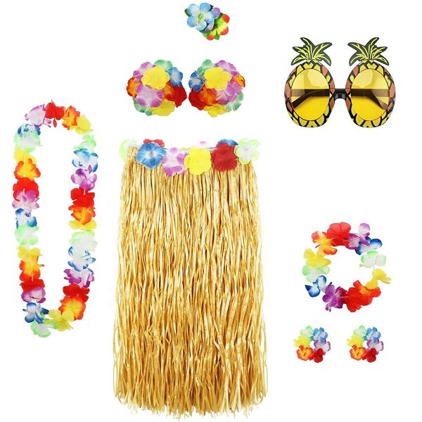 SoftcuteLee Hawaiian Garlands Hula Skirt Costume Accessory Kit Hula Grass Skirt Lei Flower Lei Luau Garland Pineapple Glasses Necklace Costume Fancy Dress for Women Novelty Luau Skirts Party - 8PCS