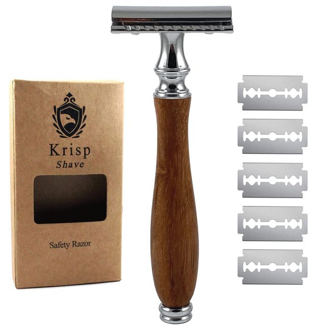 Krisp Shave (4.5 Inch) Long Wood Handle Safety Razor for Men Women - Double Edge Manual Razor - Fits All Double Edge Razor Blade - Comes With 5 Shaving Blades, Brown