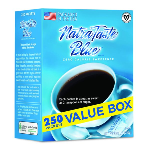 NatraTaste Blue Zero Calorie Sweetener, Bulk Sugar Substitute for Coffee, Iced Tea, Lemonade, Hot & Cold Drinks, Baking, Cooking, Low Carb, Vegan, Sugar Alternative, 250 Packets Value Box (1 pack)