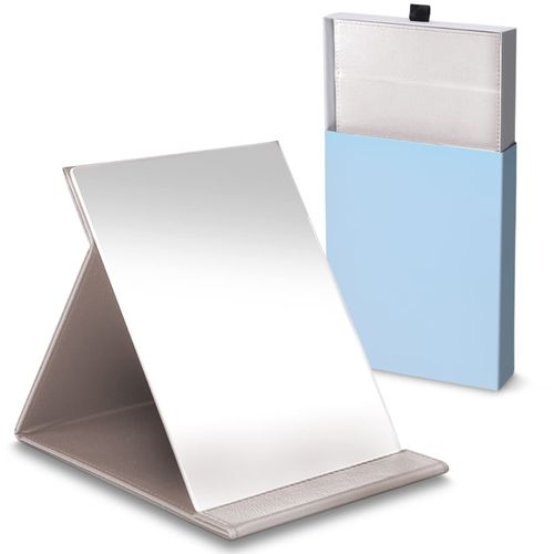ICHIFUJI Standing Mirror, Tabletop Mirror, Stand Mirror, Makeup Mirror, Freely Adjustable Angle, Foldable, (M, Pink White)