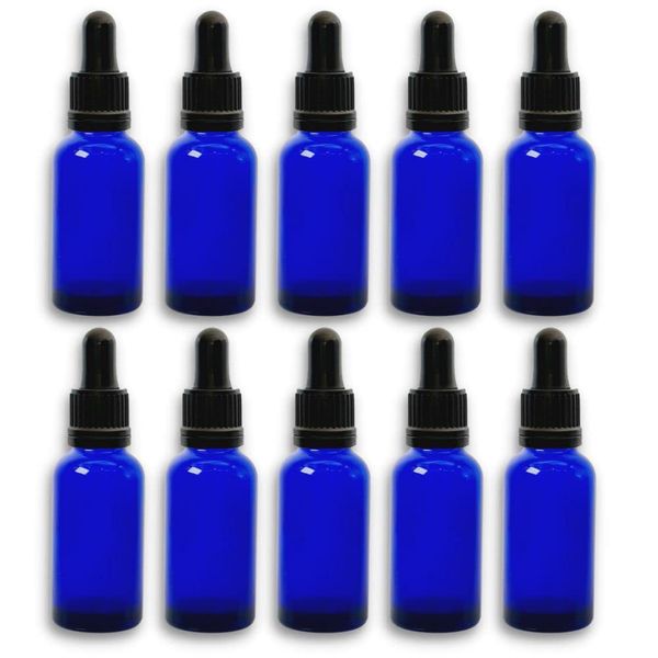 Avalon 30ml Blue Glass Bottle with Black Glass Dropper Pipette ~ Pack of 10 ~ Refillable, Reusable and Travel Sized ~ Perfect for Aromatherapy, Essential Oils, Eye Drops, E-liquids and More