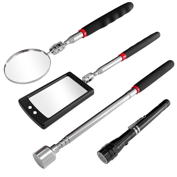 Socpuro Inspection Mirror & Pickup Tool Set with LED Telescopic Inspection Milla Magnet, 360° Adjustable, Inspection Mirror, Round, Rectangle, Inspection Mirror, Light, Magnetic, Car, Automotive, Inspection Mirror, Contractor, Machine Interior Inspection