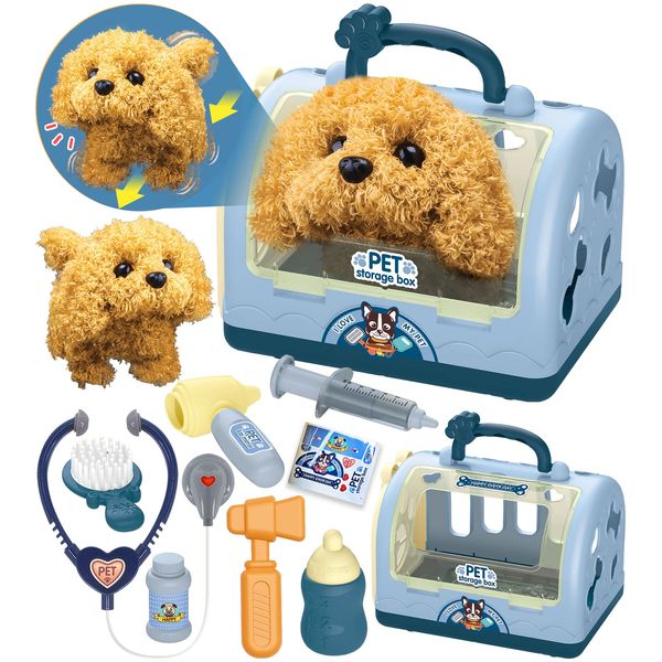 TEUVO Pet Care Playset Robot Dog Toys for Kids, 12Pcs Kids Vet Playset Toys Veterinarian Kit Doctor Kit & Interactive Electric Dog Plush & Cage Pretend Play Gifts for Girls Toddlers 3 4 5 6 7 Year Old