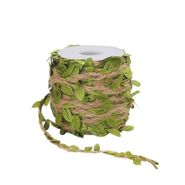 Tenn Well Burlap Leaf Ribbon, 66 Feet 5mm Natural Jute Twine Ribbon with Artificial Leaves for Crafts, Wedding, Jungle Safari Party, Home Decorations