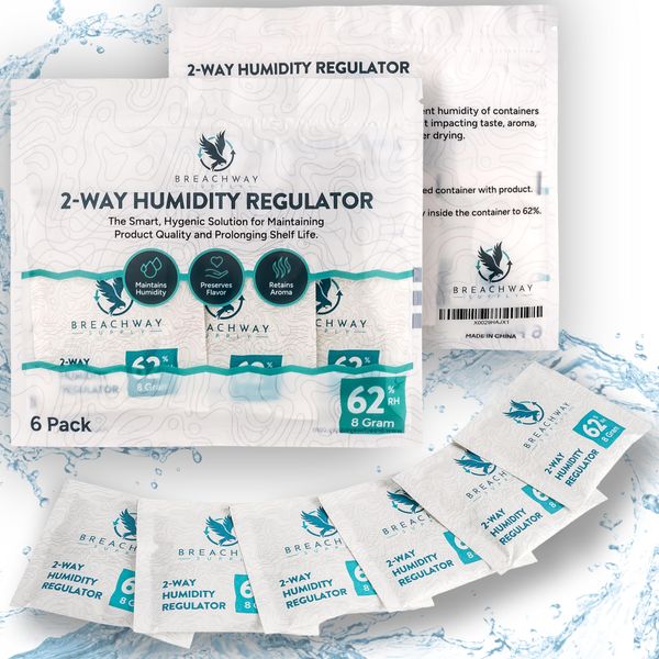 62% RH Size 8 | 6 Pack Two-Way Humidity Control Packs | For Storing 1 oz | Moisture Absorber for Small Storage Containers | Humidifier Packs | Hydration Packets w/Resealable Bag