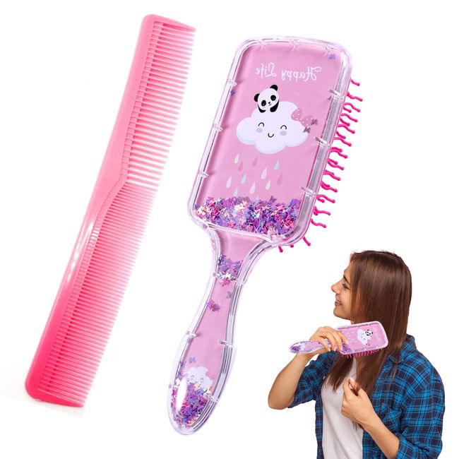 2 Packs Hair Brush and Hair Comb Glitter Detangling Hair Brush with Pink Comb Set Soft Anti-static Massage Scalp Brush Easily Brushed Through Tangles for Women Girls Straight and Curly hair